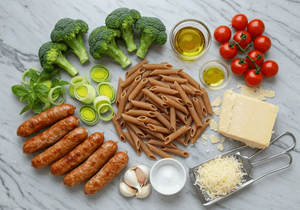 Ingrédients pour pâtes à la saucisse et au brocoli 30 minutes