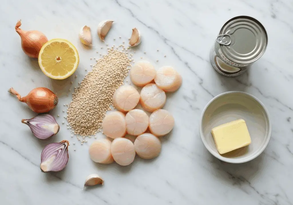 Ingrédients pour pétoncles et quinoa au lait de coco sur plan marbre