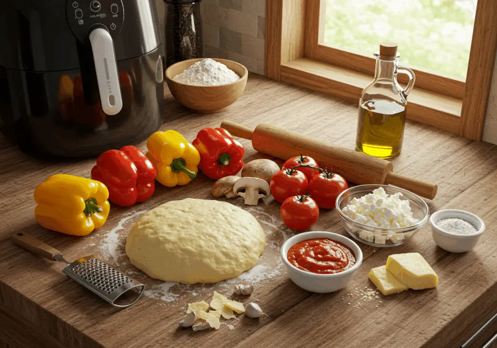 Ingrédients pour pizza aux légumes friteuse à air disposés style italien