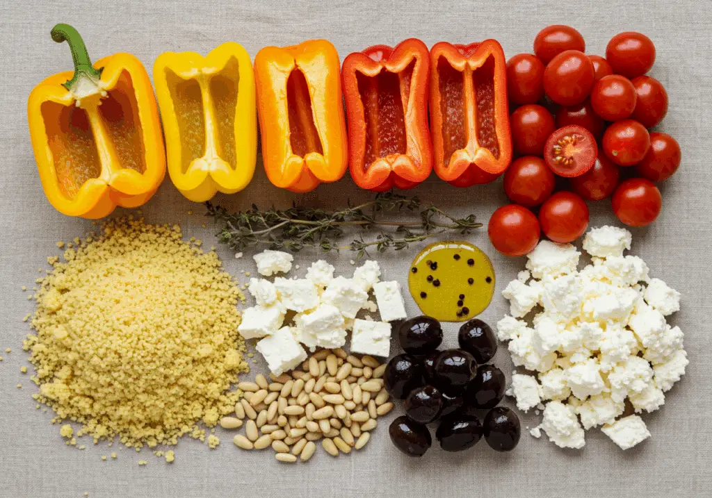 Ingrédients pour poivrons farcis couscous feta disposés méditerranéens