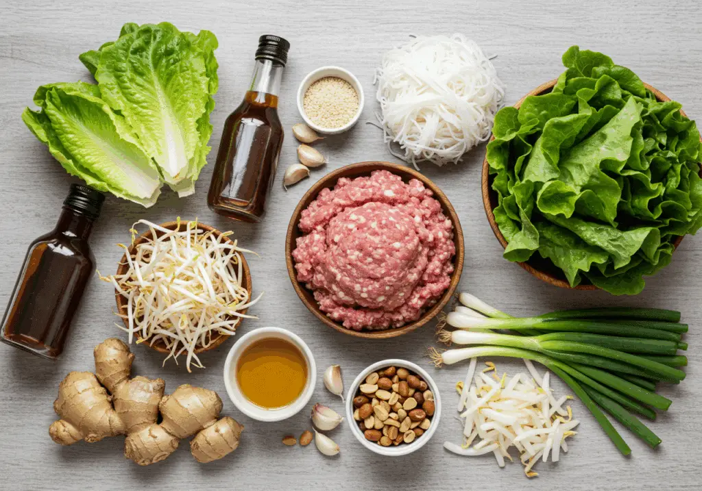Ingrédients vietnamiens pour porc traditionnel disposés style marché asiatique