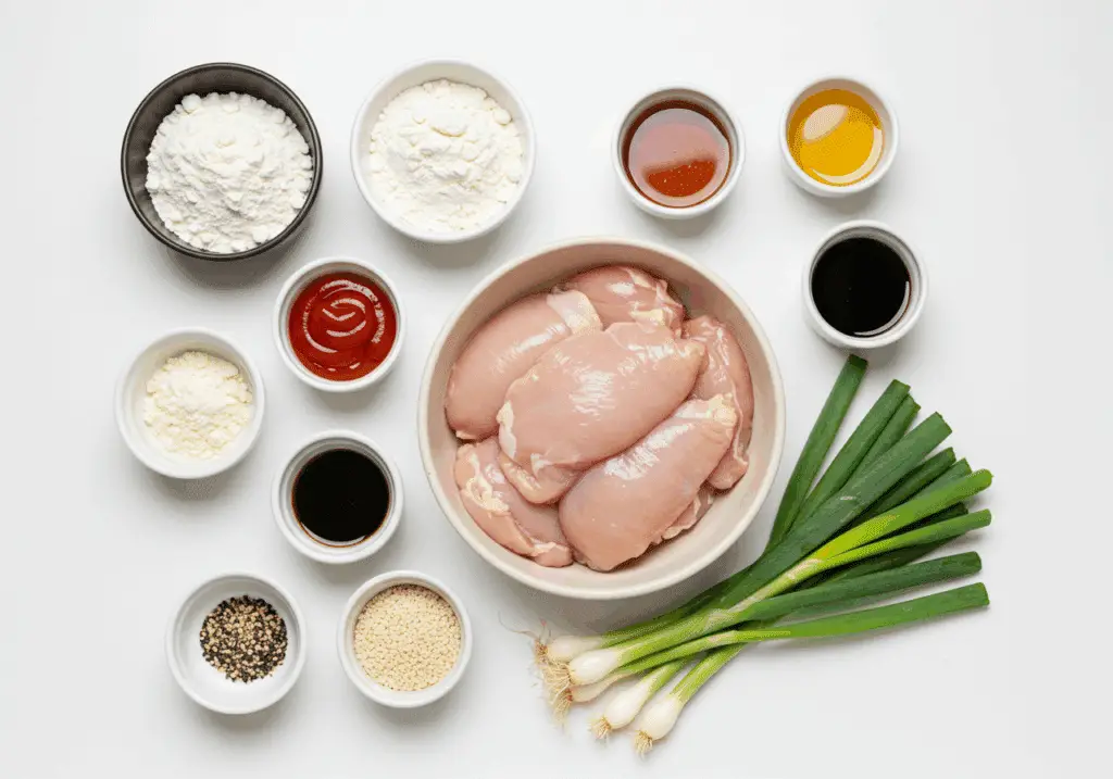 Ingrédients pour poulet au sésame disposés style cuisine chinoise authentique