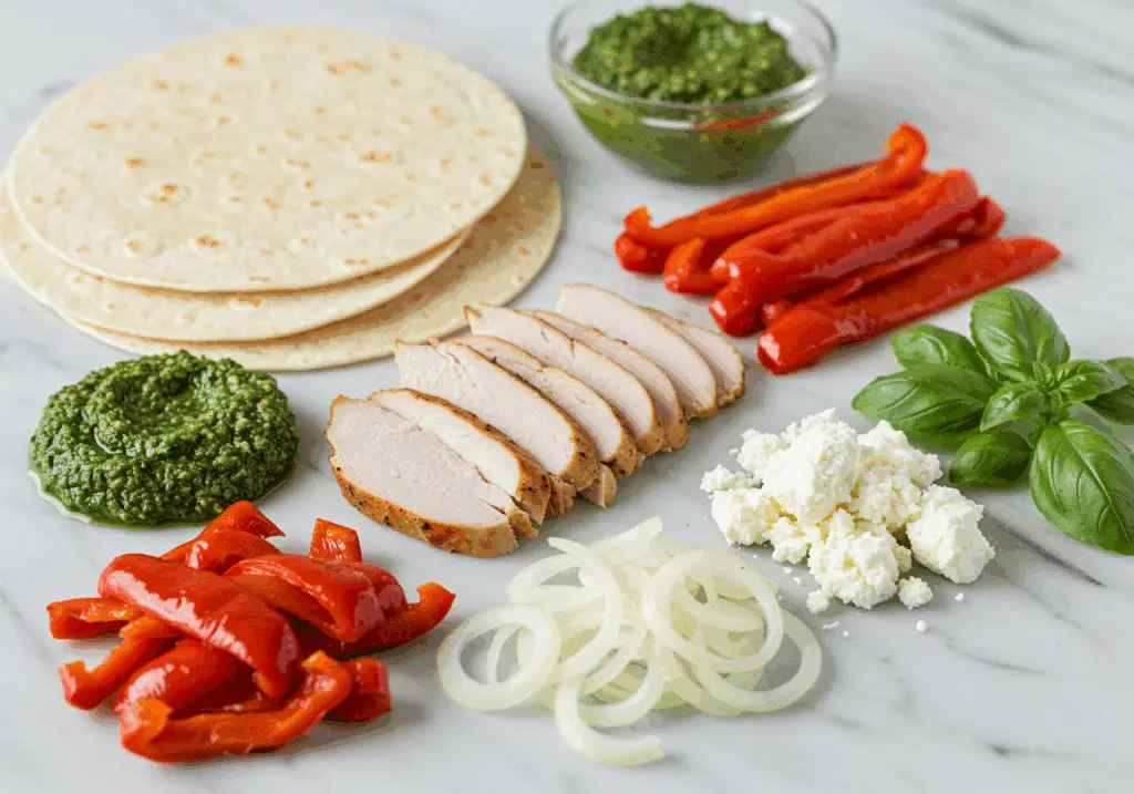 Ingrédients premium quesadillas dinde pesto fromage chèvre