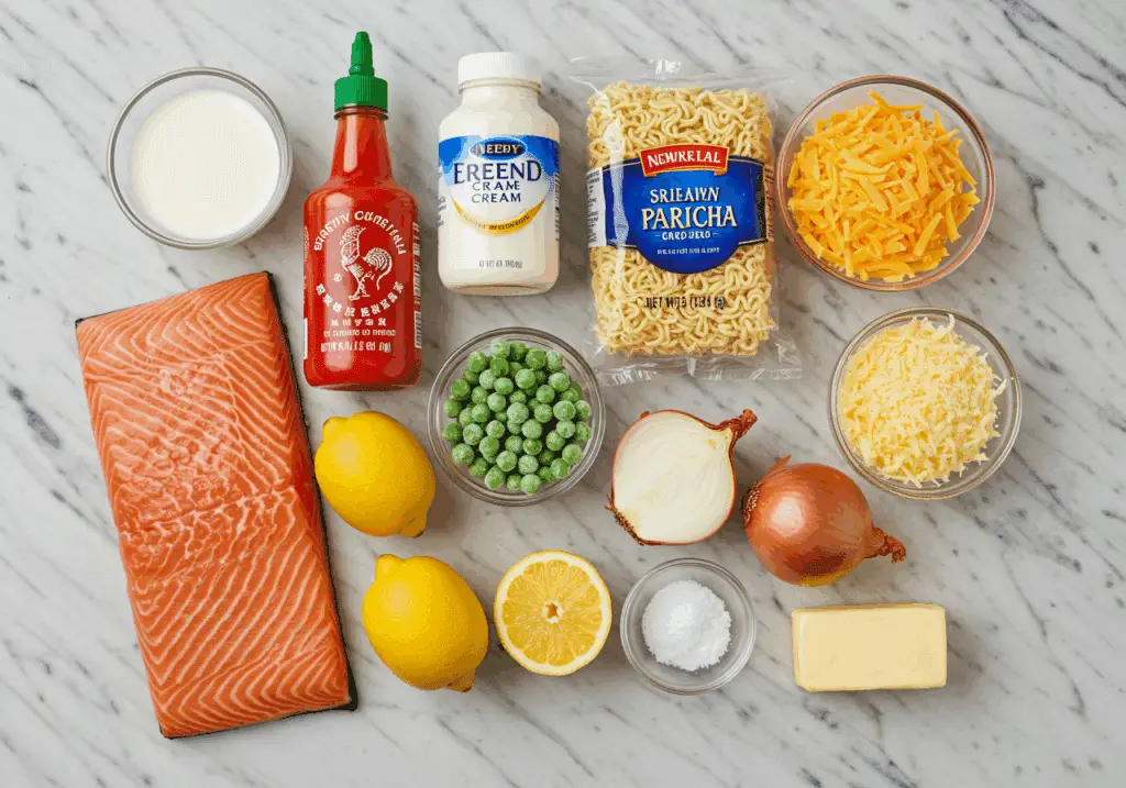 Ingrédients ramen crémeux saumon fromages disposés plan travail