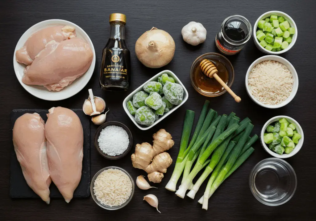 Ingrédients pour repas de poulet et riz teriyaki disposés sur plan travail
