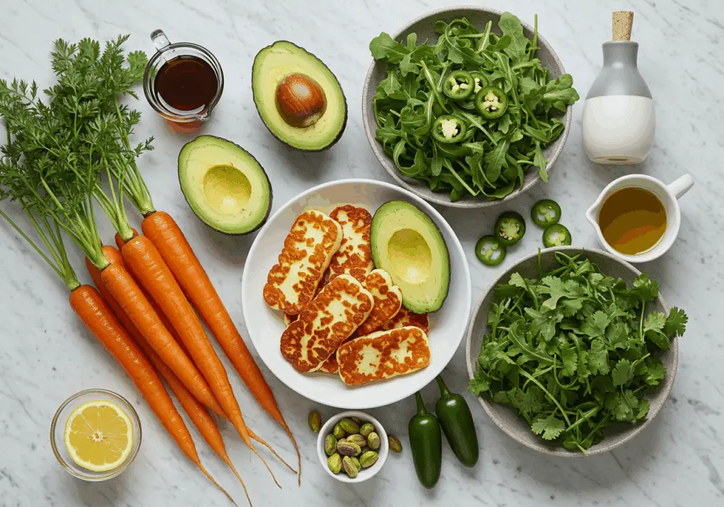 Ingrédients pour salade de carottes caramélisées, halloumi grillé et avocat friteuse à air