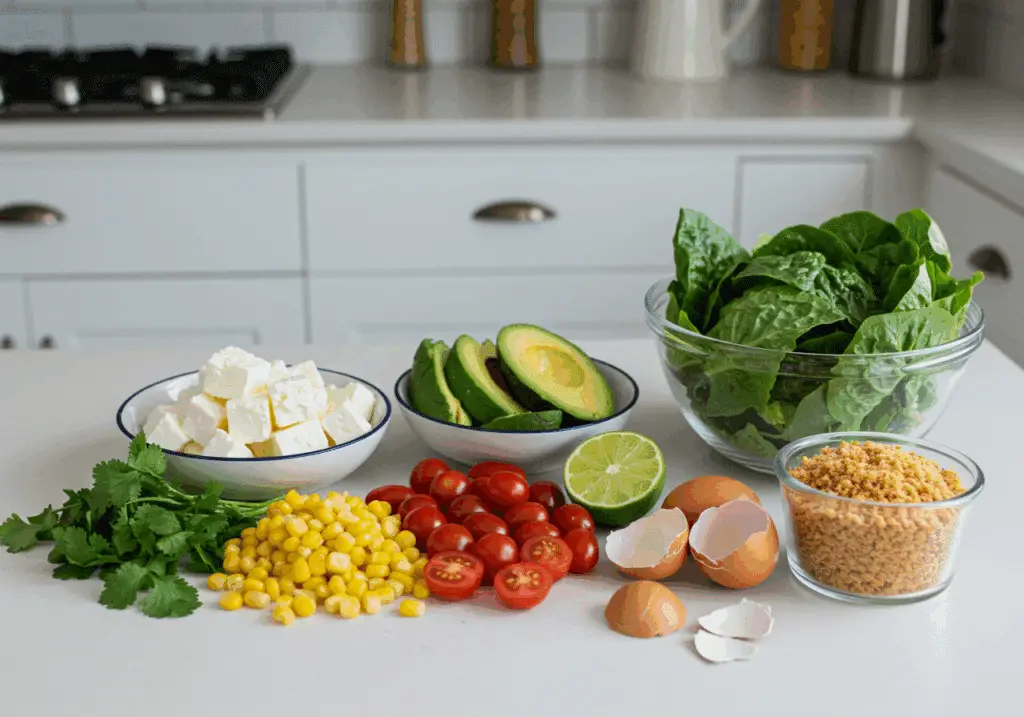 Ingrédients colorés pour salade avec feta croustillant disposés artistiquement