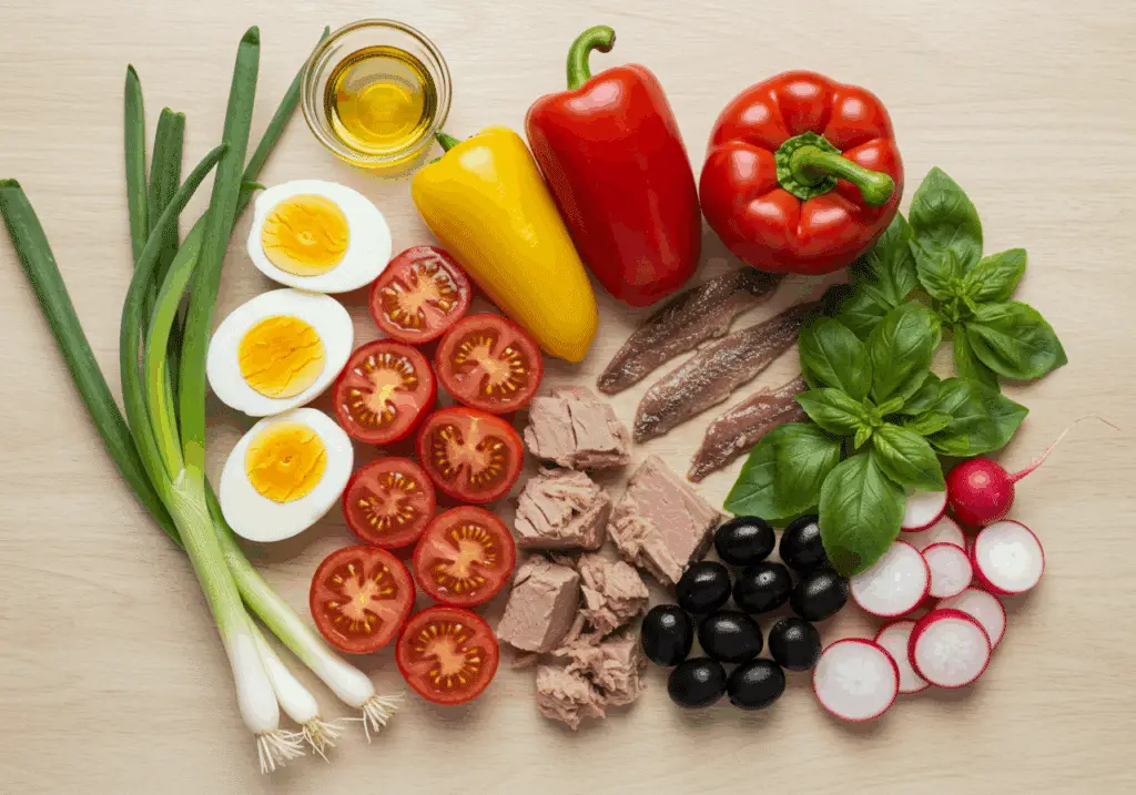 Ingrédients authentiques pour salade niçoise disposés style provençal