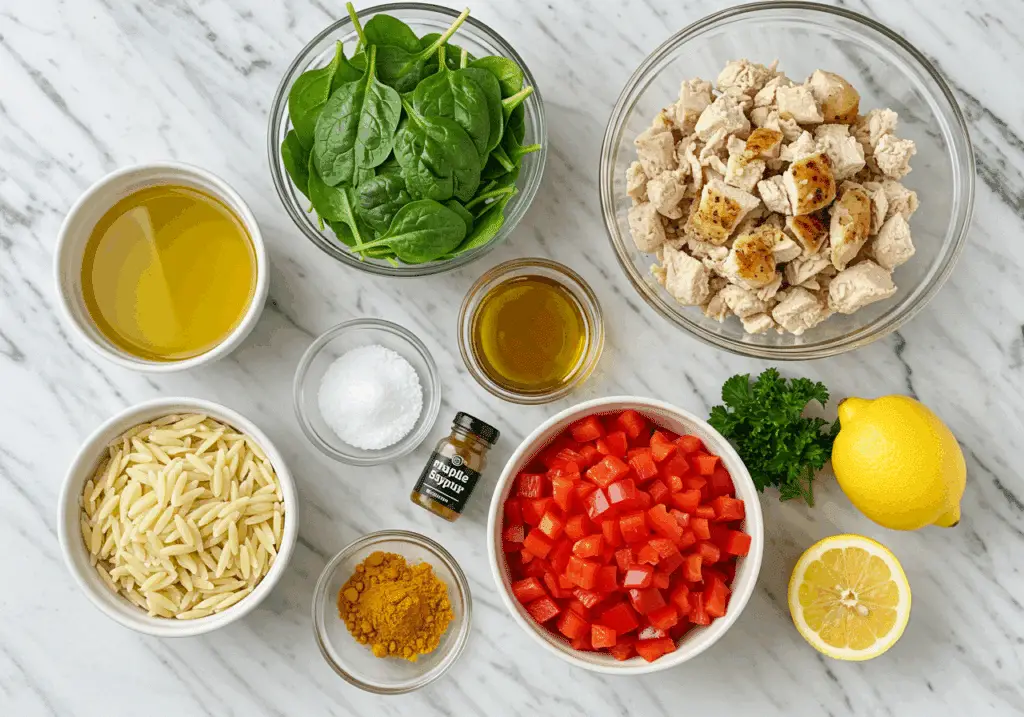 Ingrédients pour salade d'orzo et de poulet au curcuma et à l'érable