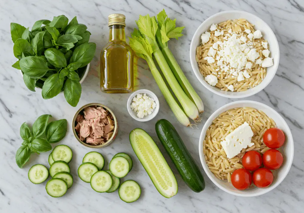 Ingrédients pour salade d'orzo minute au thon sur plan de travail marbre
