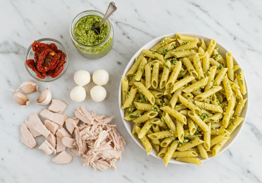 Ingrédients pour salade de pâtes à la dinde bocconcini pesto tomates séchées