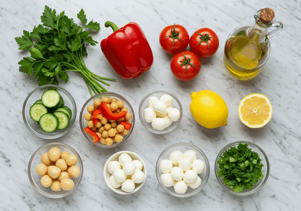 Ingrédients pour salade de pois chiches disposés sur plan de travail marbre
