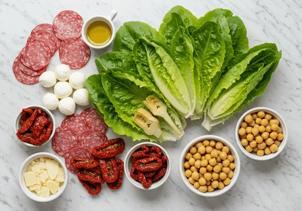 Ingrédients pour salade style La Scala disposés artistiquement