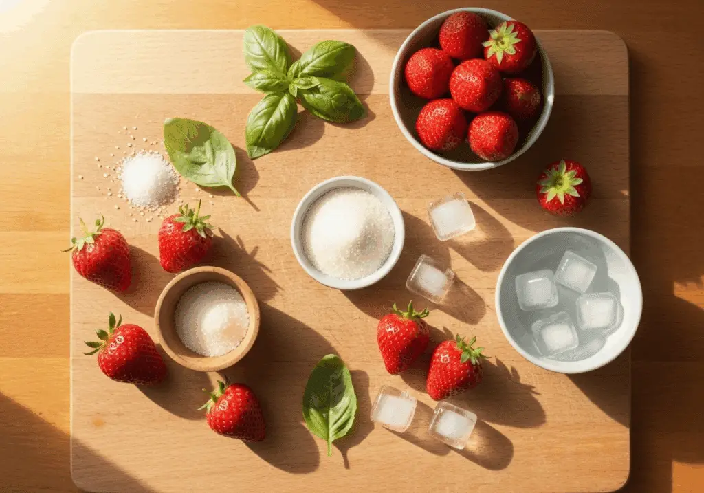 Ingrédients soupe de fraises au basilic disposés créatif simple