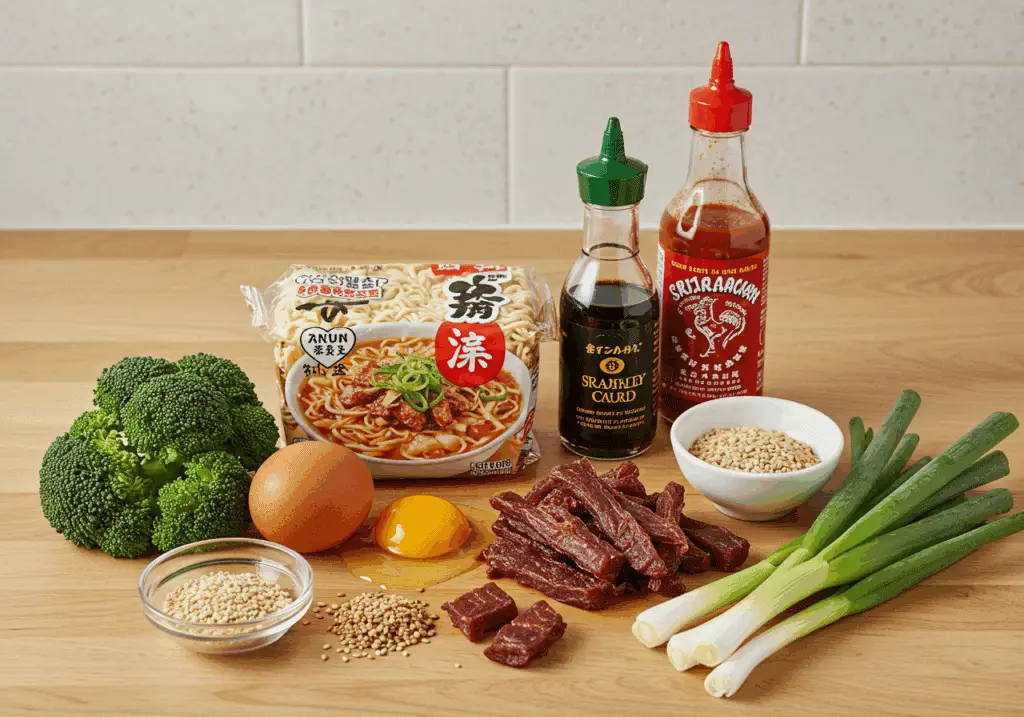 Ingrédients pour soupe ramen et jerky de boeuf teriyaki disposés style japonais