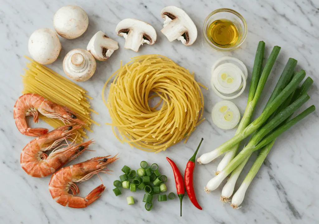Ingrédients pour spaghettis aux crevettes disposés artistiquement sur marbre