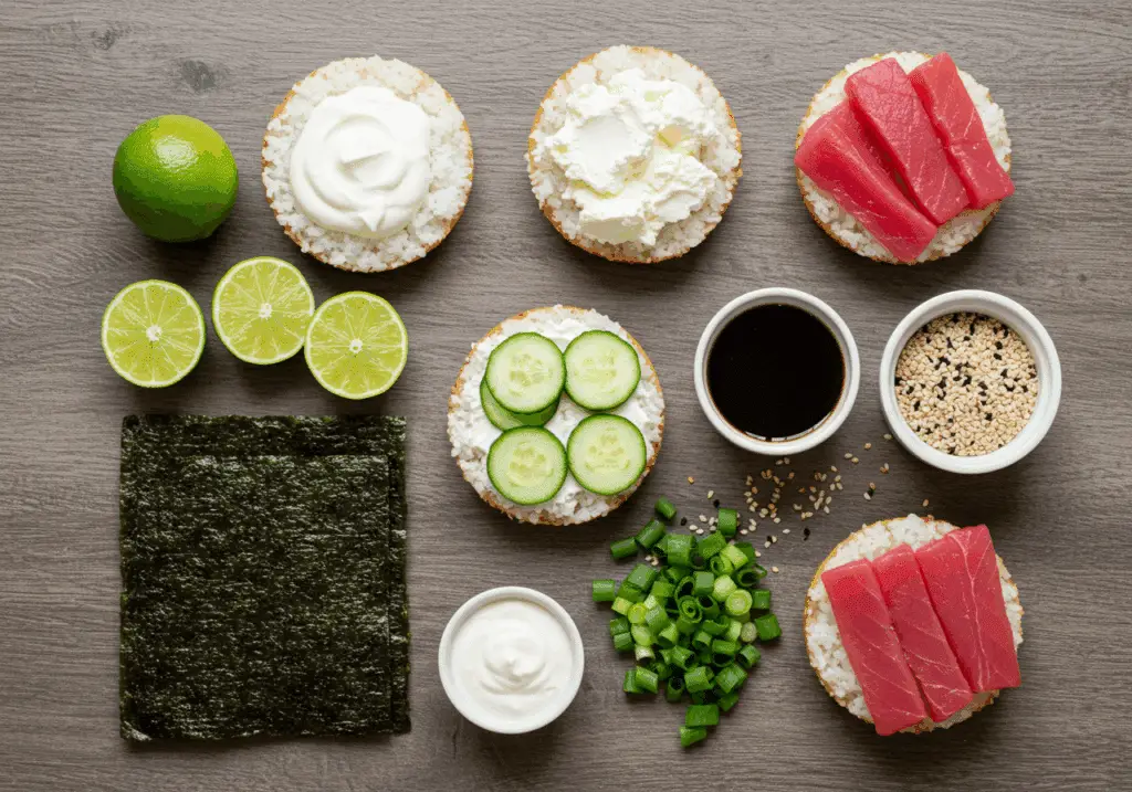 Ingrédients pour sushi géant style burger disposés style japonais traditionnel