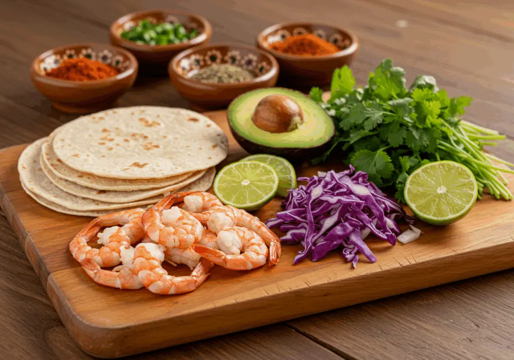 Ingrédients tacos aux crevettes mexicains côtiers frais