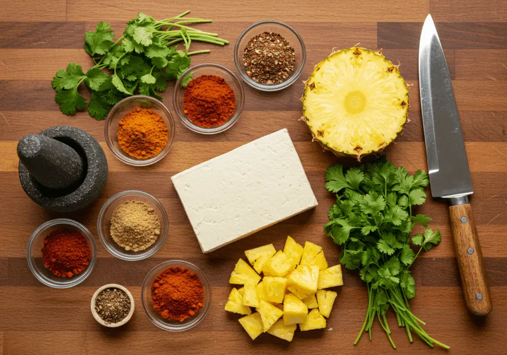 Ingrédients frais pour tacos au tofu al pastor disposés style mexicain