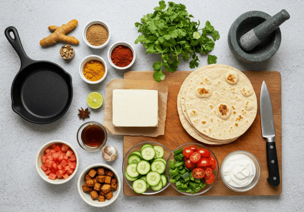Ingrédients tacos tofu Tandoori érable naan friteuse air fusion colorée