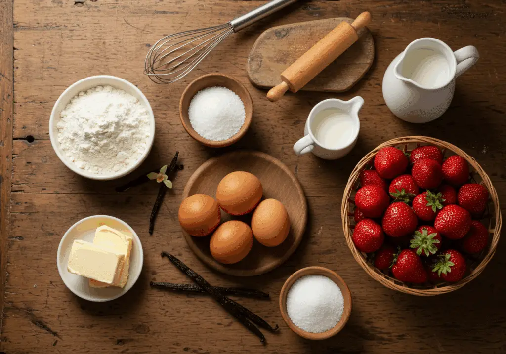 Ingrédients pour tarte aux fraises simple disposés tradition française