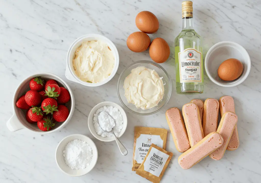 Ingrédients frais pour tiramisu aux fraises facile disposés artistiquement
