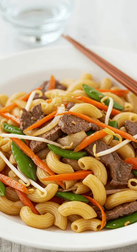 Macaroni chinois traditionnel québécois dans bol de service fumant