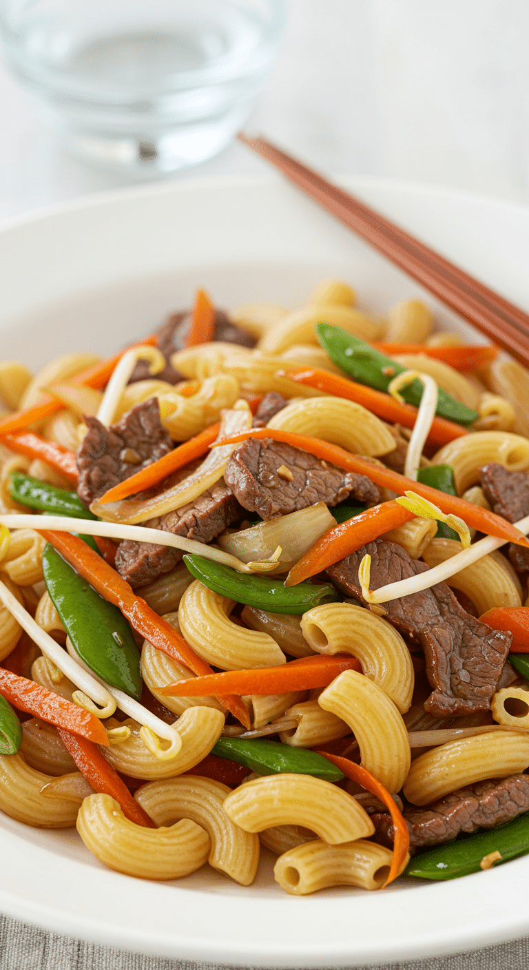 Macaroni chinois traditionnel québécois dans bol de service fumant