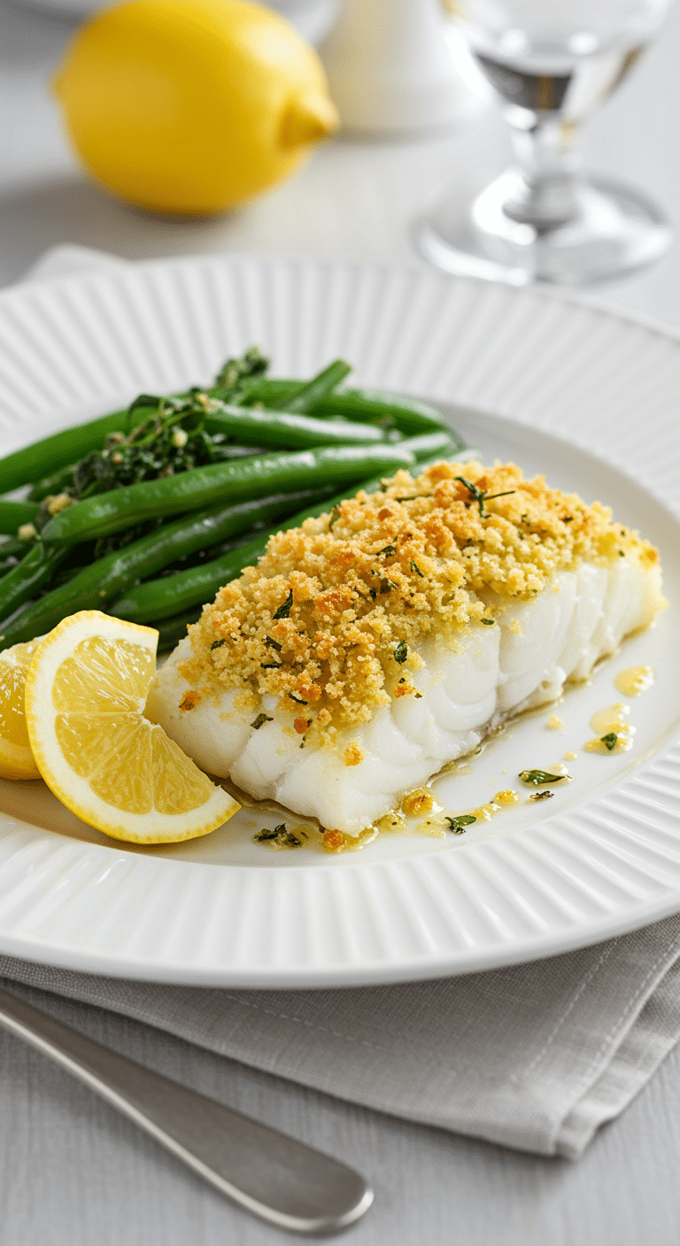 Morue en croûte au parmesan avec croûte dorée et quartiers de citron