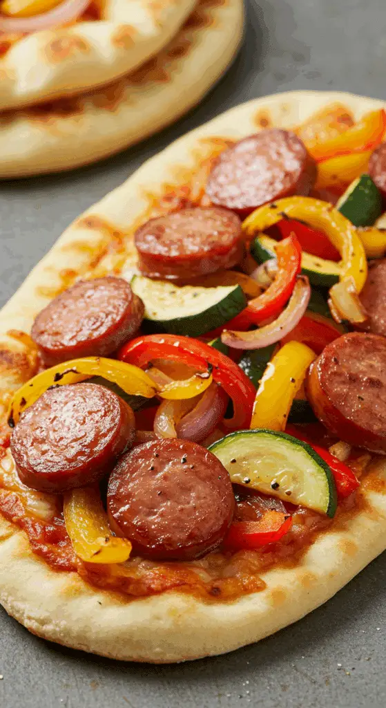 Naan aux saucisses italiennes braisées aux légumes à la friteuse à air garni