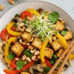 Nouilles au tofu avec légumes asiatiques végétariens colorés