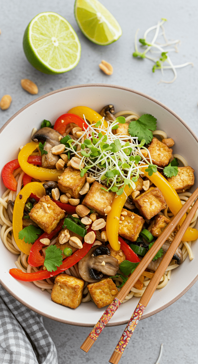 Nouilles au tofu avec légumes asiatiques végétariens colorés