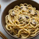 Nouilles udon crémeuses au miso, champignons et parmesan avec sauce onctueuse