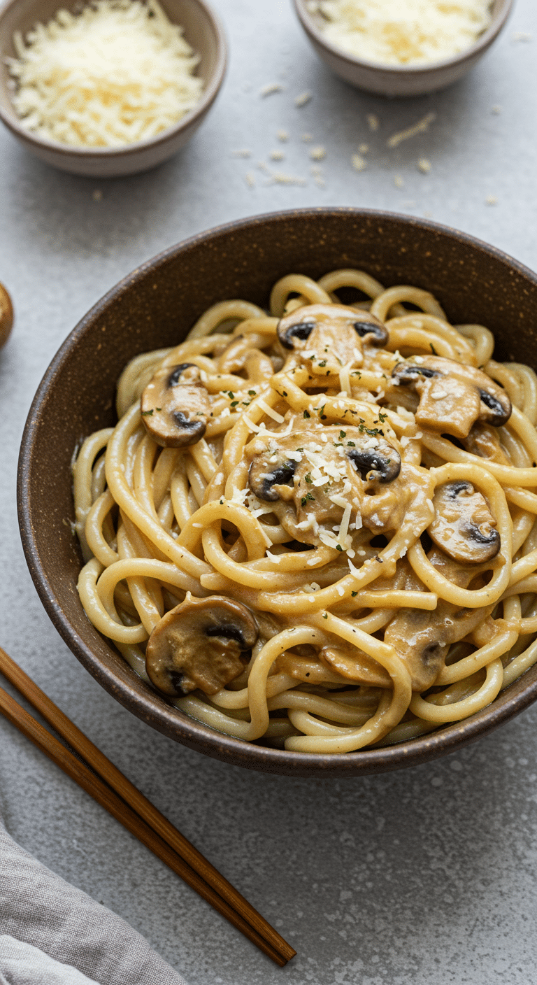 Nouilles udon crémeuses au miso, champignons et parmesan avec sauce onctueuse