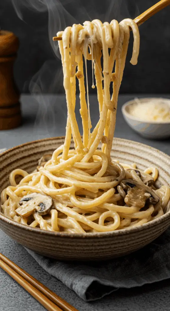 Nouilles udon enrobées d'émulsion crémeuse miso parmesan soyeuse