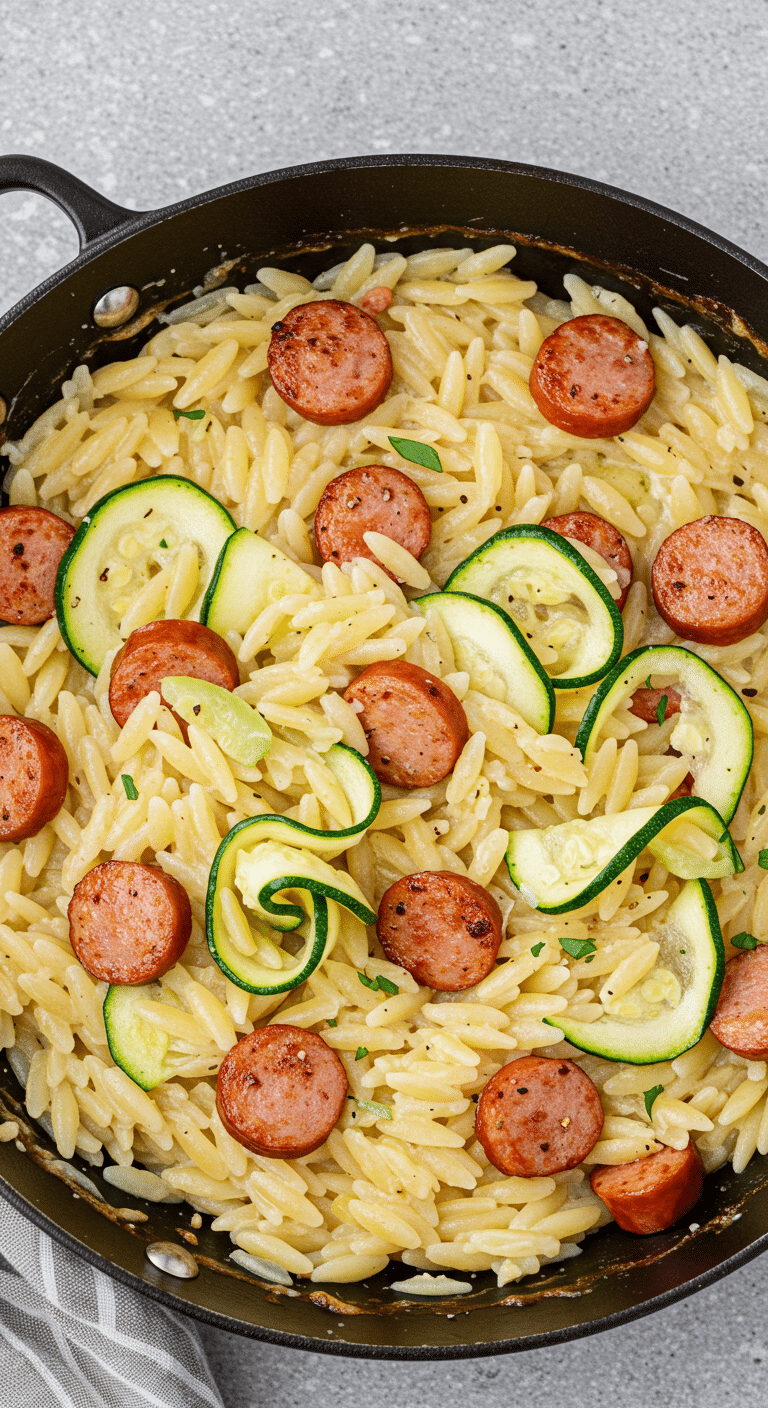 Orzo crémeux aux saucisses et courgette sauce veloutée italien