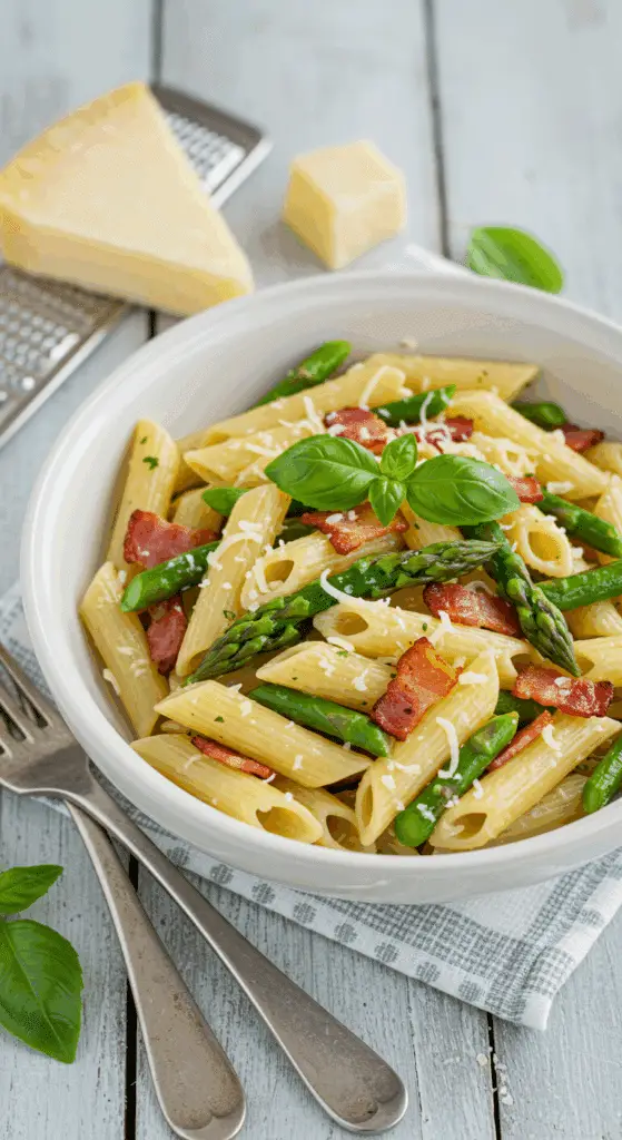 Pâtes aux asperges et bacon avec parmesan dans bol blanc élégant