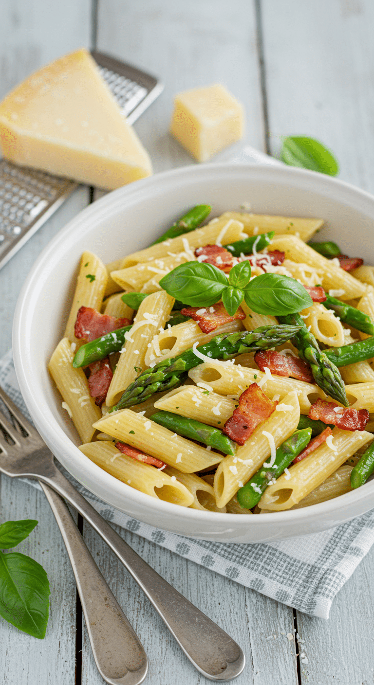 Pâtes aux asperges et bacon avec parmesan dans bol blanc élégant