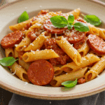 Pâtes au chorizo et basilic fusilli parmesan méditerranéennes