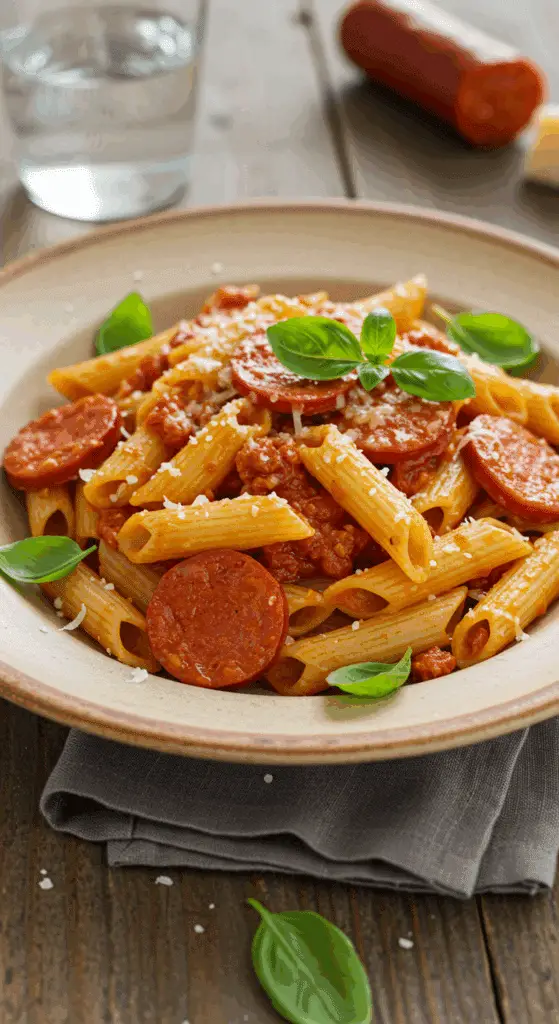 Pâtes au chorizo et basilic fusilli parmesan méditerranéennes
