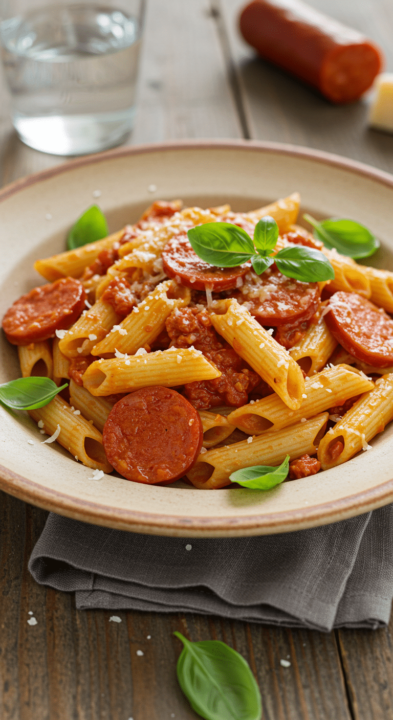 Pâtes au chorizo et basilic fusilli parmesan méditerranéennes