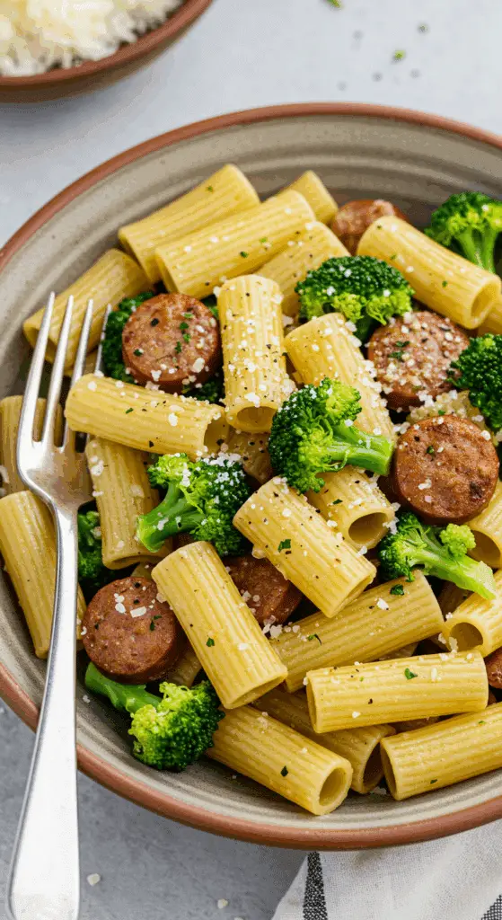 Pâtes à la saucisse et au brocoli prêtes en 30 minutes dans une poêle