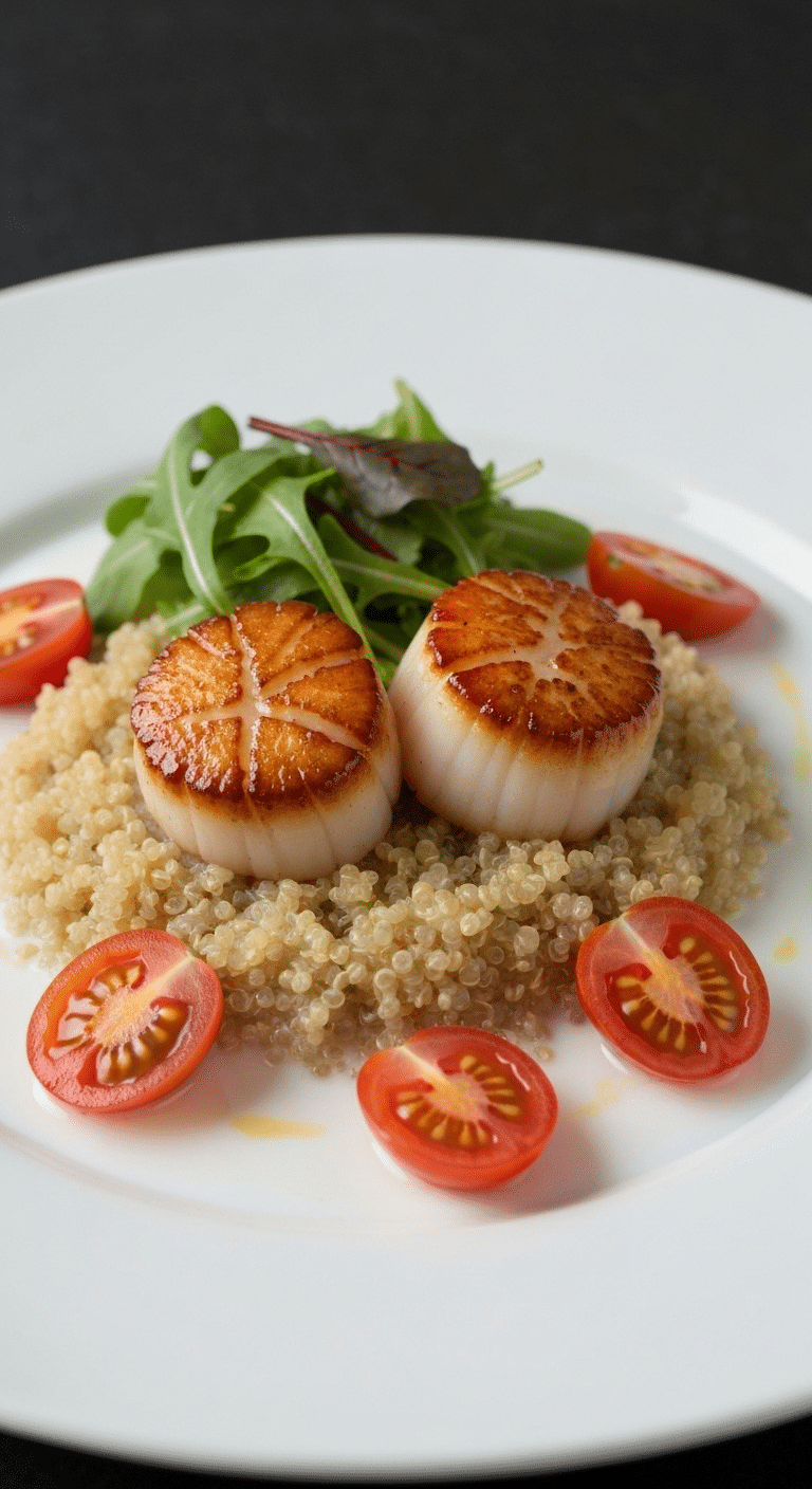 Pétoncles et quinoa au lait de coco élégamment dressés sur assiette blanche