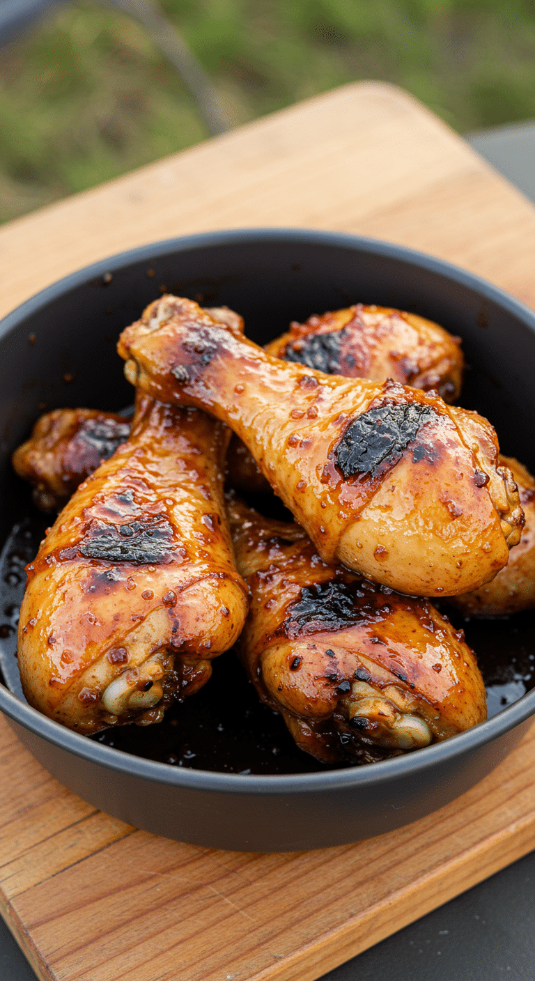 Pilons de poulet soya-citron à cuire sur le feu de camp dorés et caramélisés