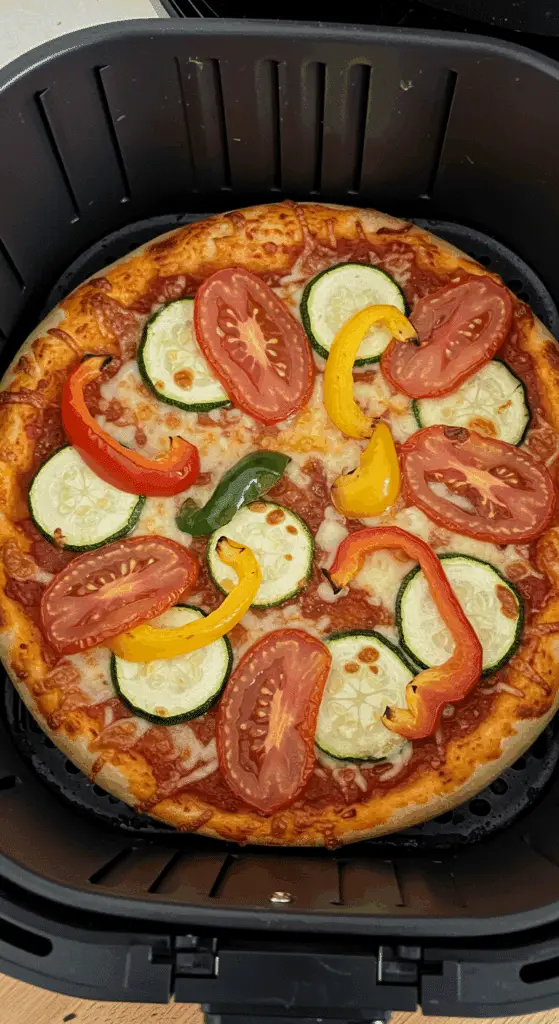 Pizza aux légumes cuite à la friteuse à air avec croûte dorée et légumes caramélisés