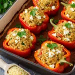 Poivrons farcis au couscous et au feta colorés avec herbes méditerranéennes
