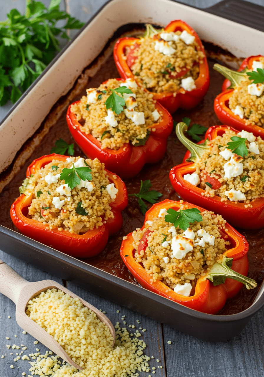Poivrons farcis au couscous et au feta colorés avec herbes méditerranéennes