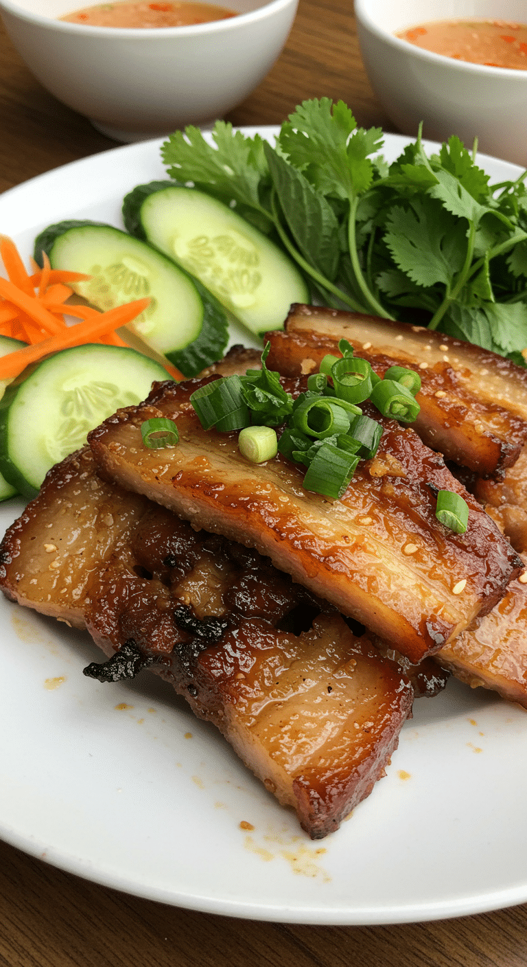 Porc vietnamien traditionnel en bol avec vermicelles, légumes frais et garnitures