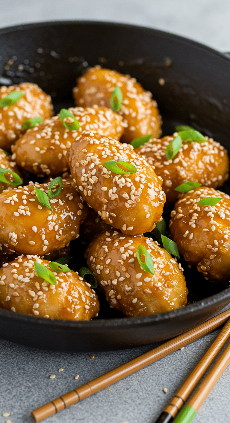 Poulet au sésame croustillant avec sauce brillante et garnitures asiatiques sur riz