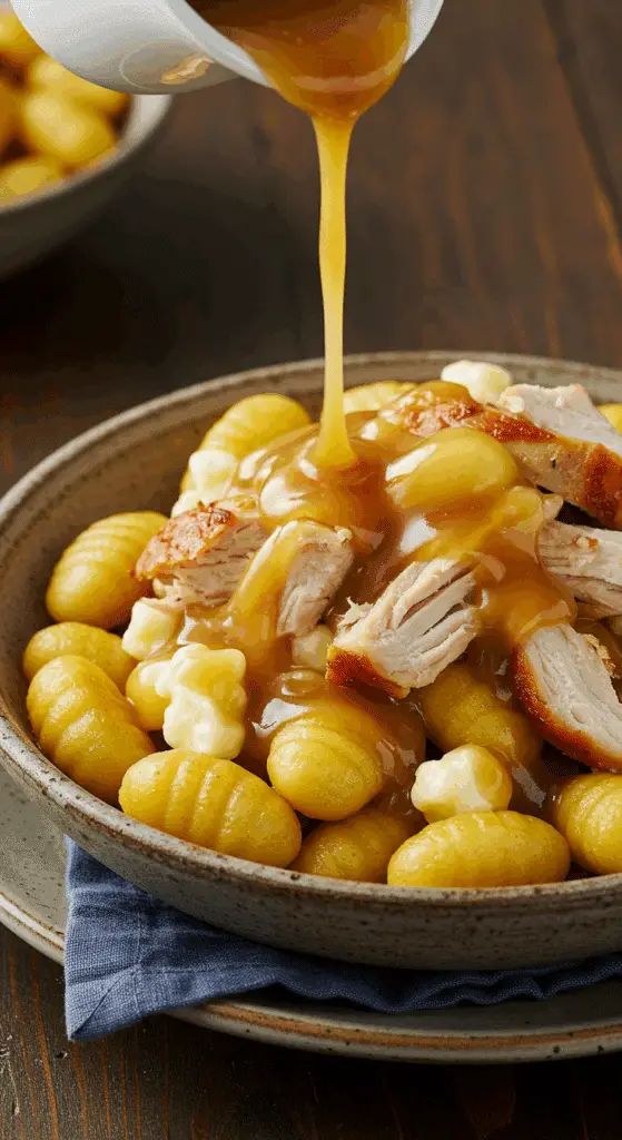 Poutine gnocchi dinde style galvaude dorée fromage grains
